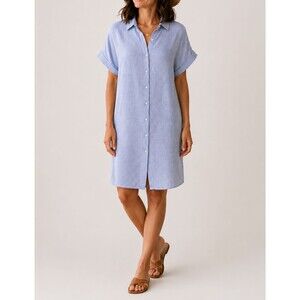 Tahari 100% Linen Shirt Dress Blue White Stripe Coastal Grandma Minimalist Large